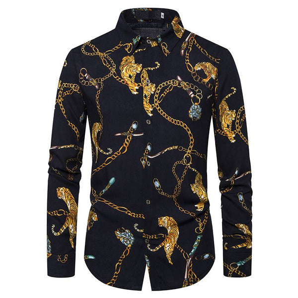 Fashion Men Tiger Chain Print Long Sleeves Shirts