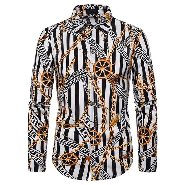 Fashion Men Chain Stripes Print Long Sleeves Shirts