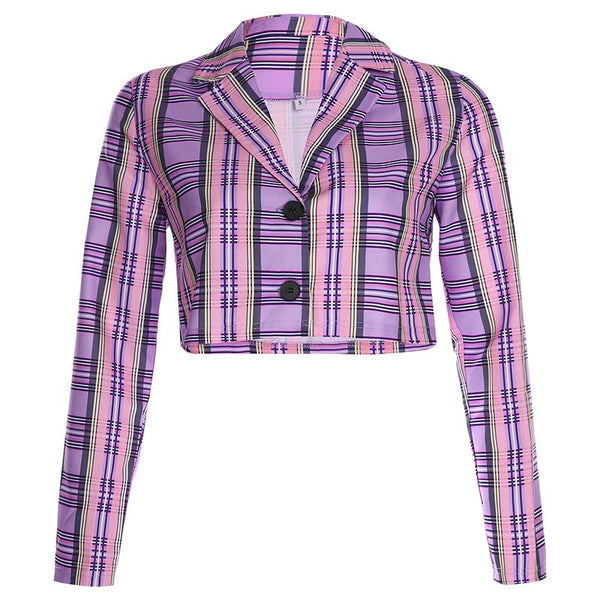 Hot Sale Color Block Plaid Pattern Women Cropped Purple Pink Blazer