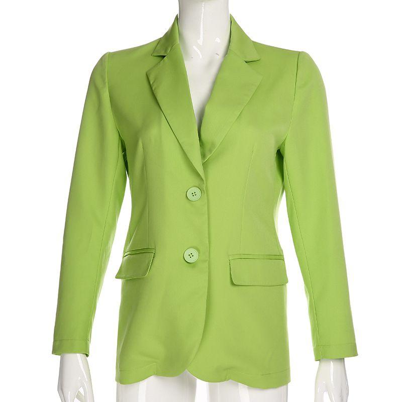 Women Leisure Neon Green Black Medium Length Blazer