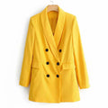 Women Classic Double-breasted Lapel Collar Yellow Blazer