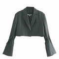 Hot Sale Sweet Flare Sleeve Stripes Print Cropped Blazer