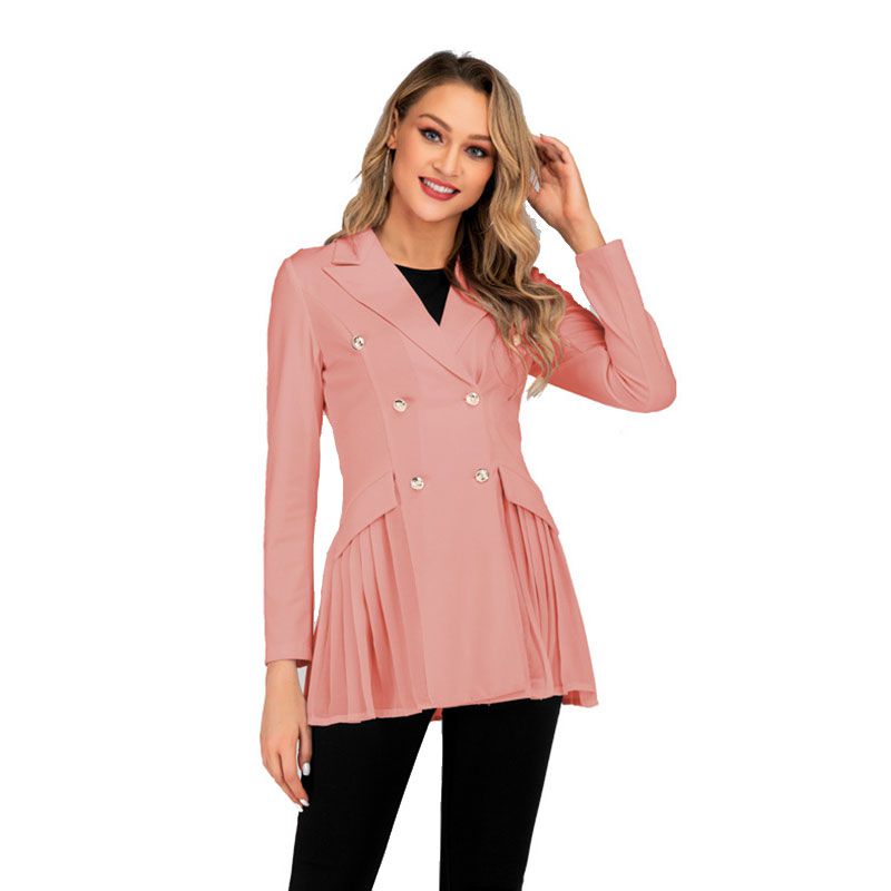 Hot Sale Plain Color Pleated Design Women Double-breasted Work Wear Blazer