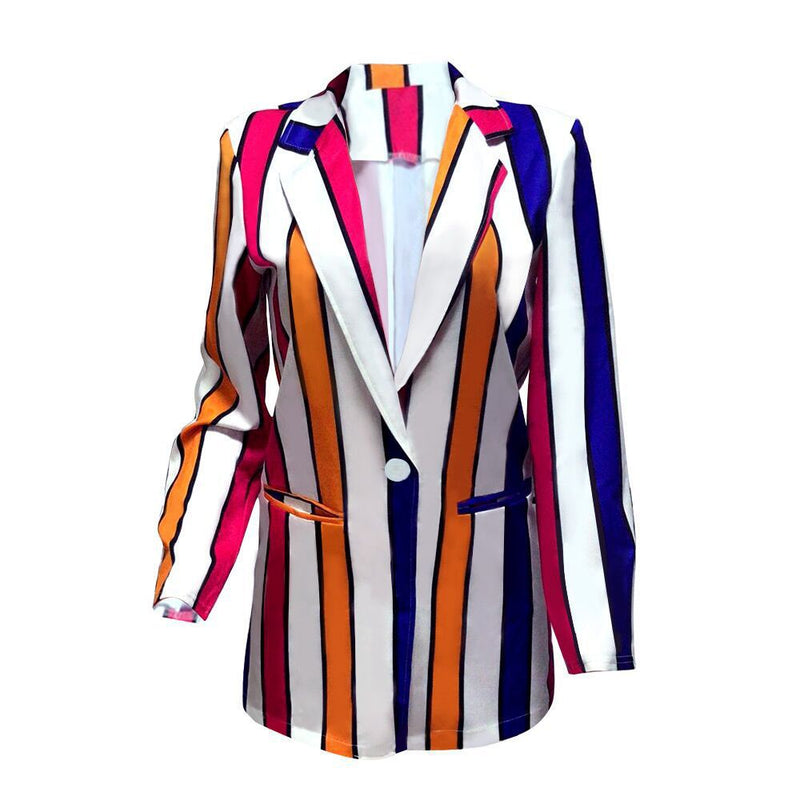 Block Color Stripes Pattern Women Casual Blazer