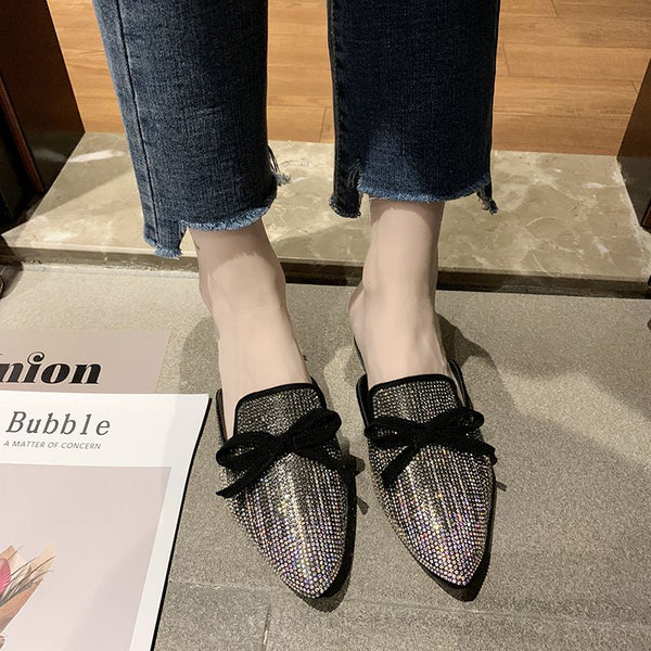 Fashion Rhinestone Bowknot Decor Design Women Pointed-toe Slippers Shoes