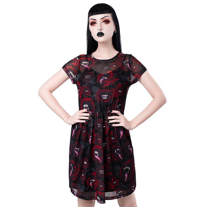 Gothic Style Print Lining Design Short-sleeve Mesh Loose Dress