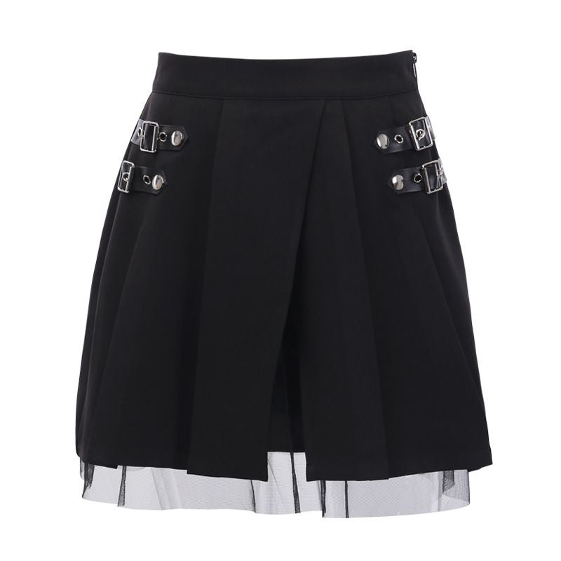 Gothic Style Metal Buckle Decor Mesh Stitching Irregular Hemline Skirt