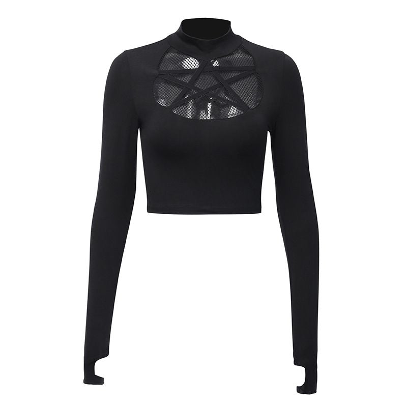 Gothic Style Mock Neck Long-sleeve Sexy Cut-out Crop Top