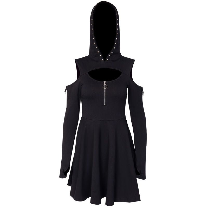 Gothic Style Women Halter Pattern Cool-shoulder Long-sleeve Hooded Mini Dress