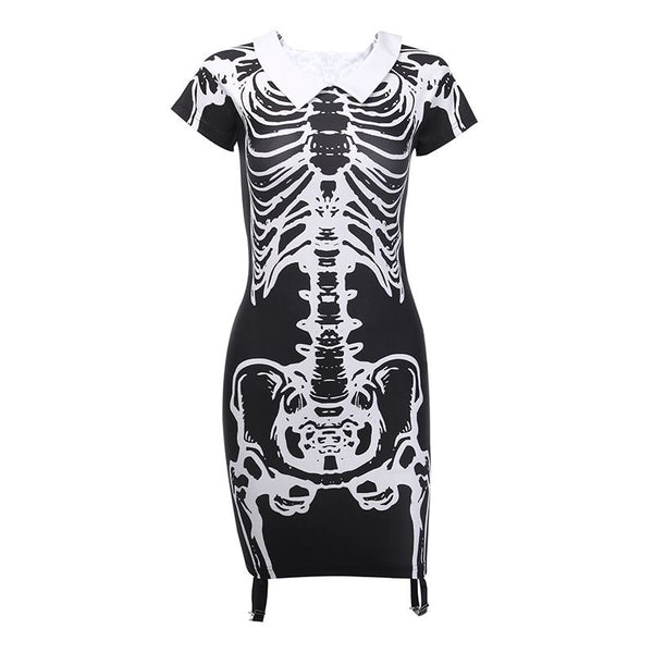 Gothic Style Lapel Skull Print Short-sleeve Figure Flattering Dress