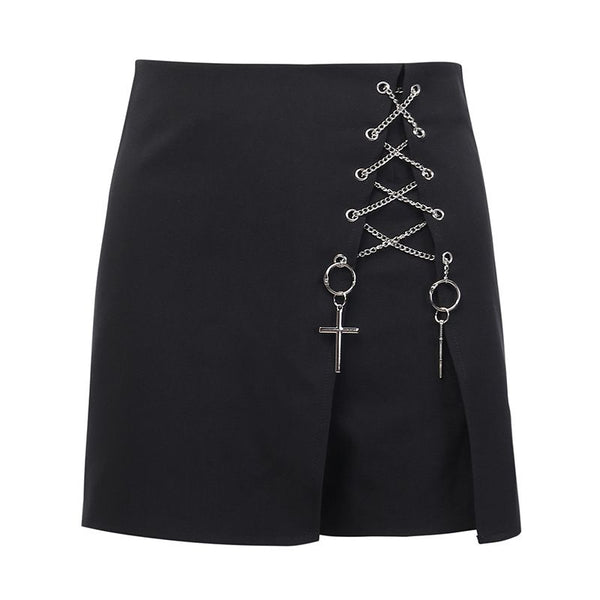 Gothic Style Crossed Chain Decor Design Irregular Hemline Culottes