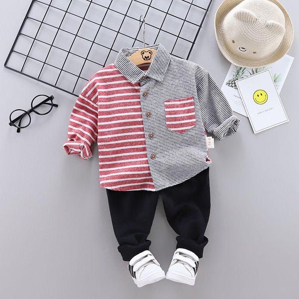 2 Pcs Set Baby Boy Stripes Patchwork Shirt And Pant