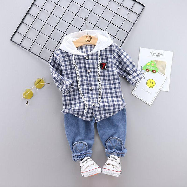 2 Pcs Baby Boy Plaid Print Hooded Shirt And Pant