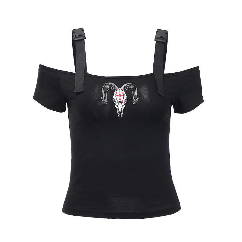 Gothic Style Women Cool Shoulder Short-sleeve Plastic Buckle Strap T-shirts