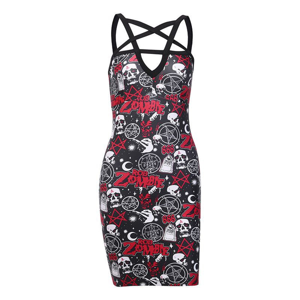 Gothic Style Pentagram Print Sexy Cut-out Women Slip Dress