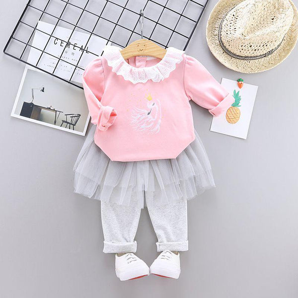 2 Pcs Baby Girl Swan Print Tees And Patchwork Pant