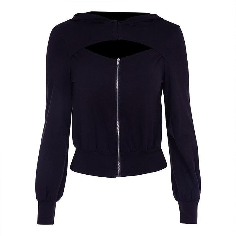 Gothic Style Zipper Design Long-sleeve Figure Flattering Hooded Sweatshirt