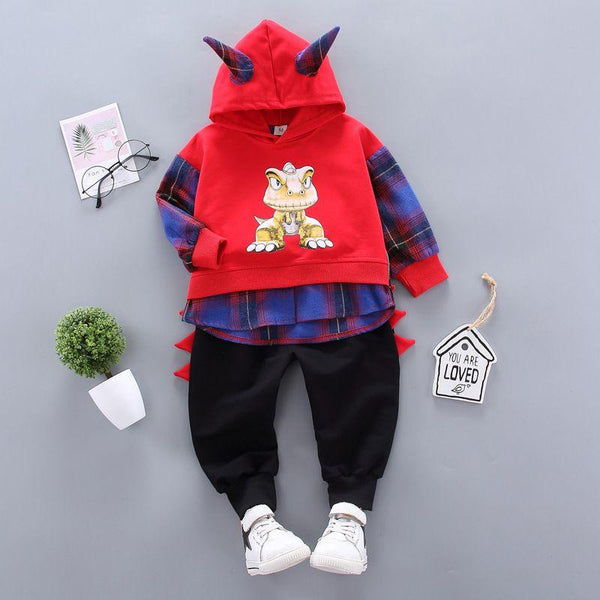 2 Pcs Boy Cartoon Dinosaur Pattern Patchwork Hoodie And Pant