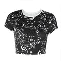 Women Round Collar Short-sleeve Star Moon Print Crop Top