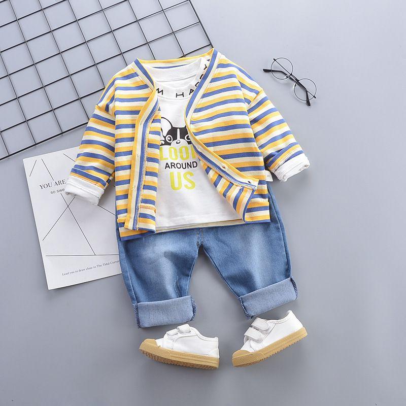 3 Pcs Baby Boy Stripes Print Outwear And T-shirt And Pant