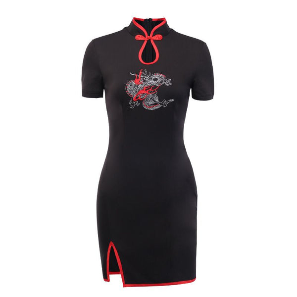 Gothic Style Stand Collar Short-sleeve Dragon Embroidery Women Bodycon Dress