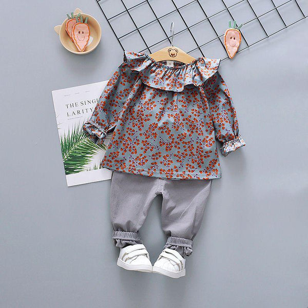 2 Pcs Baby Girls Floral Print Ruffle Design Tops And Pants