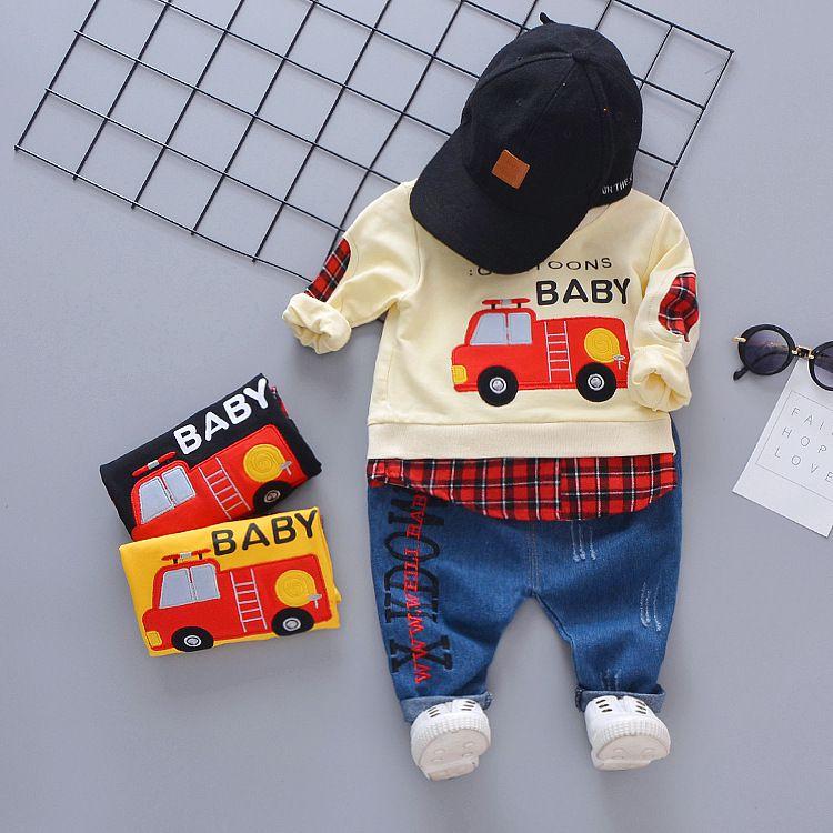 2 Pcs Baby Boy Fashion Car Print Patchwork Tops And Pants