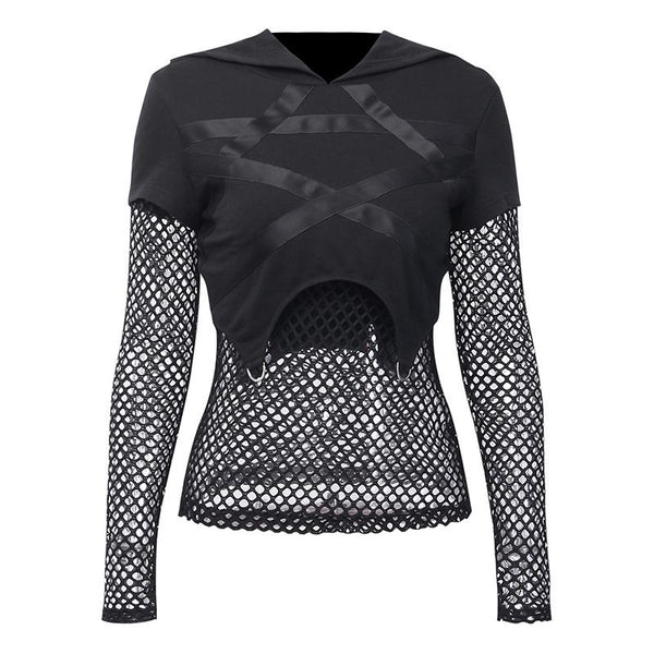 Gothic Style Mesh Hollow Stitching Long-sleeve Sexy See-through Hoodies