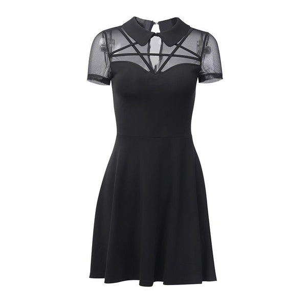 Gothic Style Lace Stitching Lapel Short-sleeve Defined Waist Midi Dress