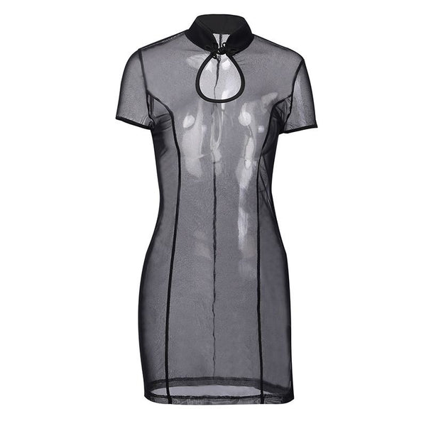 Gothic Style Stand Collar Short-sleeve Mesh Hollow See-through Sexy Mini Dress