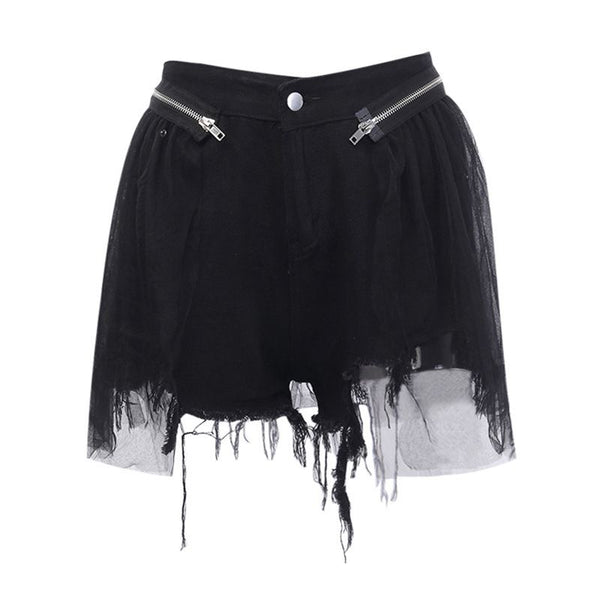 Gothic Style Mesh Patchwork Raw Hemline Denim Shorts