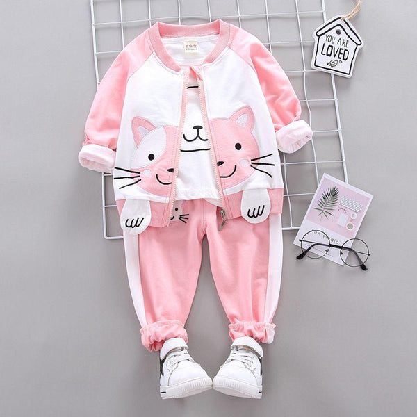 3 Pcs Baby Girl Cat Pattern Zipper Jacket And Tee And Pant