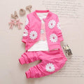 3 Pcs Baby Girl Sunflower Print Standing Collar Coat And Tee And Pant