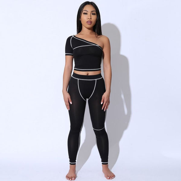 Hot Sale Women Oblique Shoulder Cropped T-shirt Yoga Jogger Pants Two-piece Set