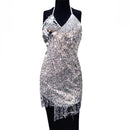 Irregular Sequin Decor Women Asymmetric Bodycon Nightclub Tassel Dress