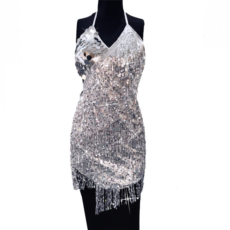 Irregular Sequin Decor Women Asymmetric Bodycon Nightclub Tassel Dress