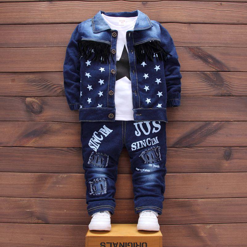 3 Pcs Set Boys Denim Jacket And Jeans And White Long Sleeves Tees