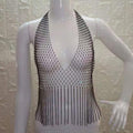 Women Sexy Mesh Halter Pattern Rhinestone Decor Tassel Nightclub Camis