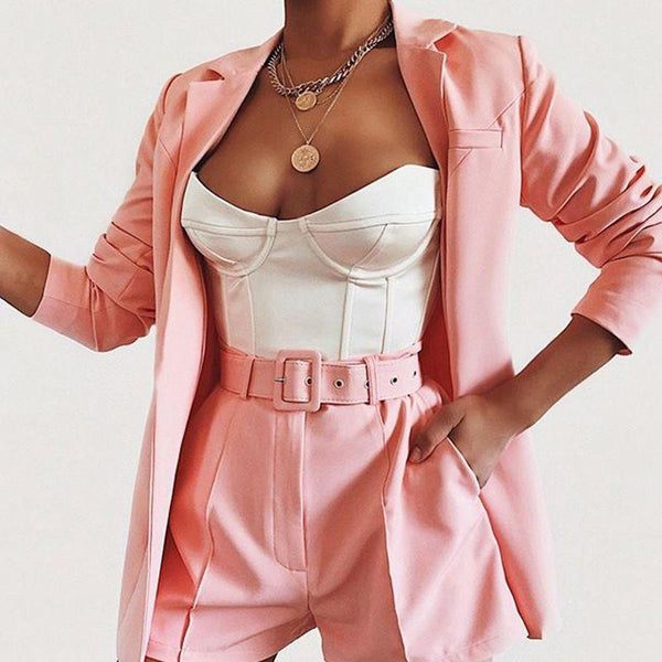 Women Casual Solid Color Lapel Long-sleeve Blazer Belt Decor High-waisted Shorts Suit Set