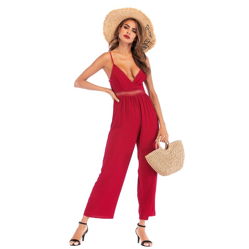 Hot Sale Women Sexy Deep V Neck Defined Waist Strap Jumpsuits