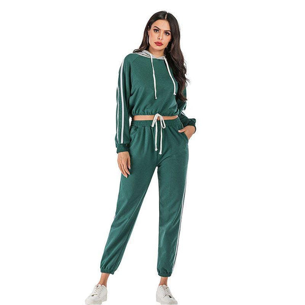 Women Casual Patchwork Stripe Long-sleeve Hoodies Jogger Pants Two-piece Set