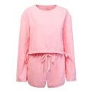 Women Casual Round Collar Flare Sleeve Pink T-shirt Drawstring Waist Shorts Two-piece Set