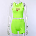 Women Bright Color U Neck Letter Embroidery Tank Top Tight Shorts Sporty Set