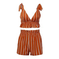 Women Sexy Deep V Neck Stripes Print Cropped Tank Top Ruffled Defined Waist Shorts Two-piece Set