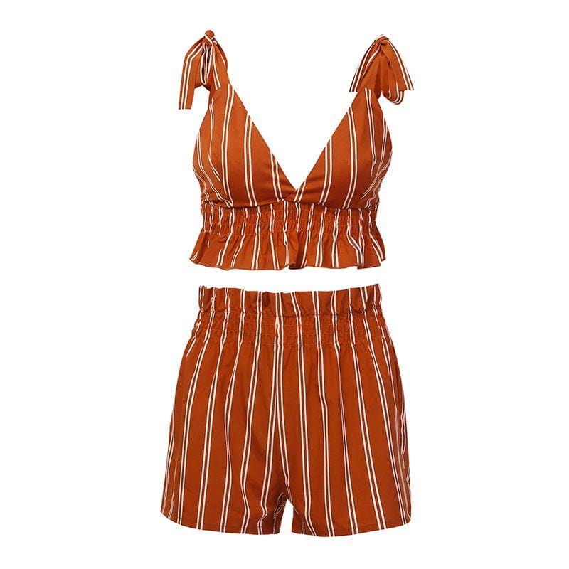 Women Sexy Deep V Neck Stripes Print Cropped Tank Top Ruffled Defined Waist Shorts Two-piece Set