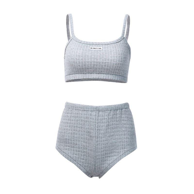 Women Fashion Plaid Pattern Cropped Camisole Grey Shorts Sporty Set