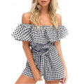 Hot Sale Women Off-the-shoulder Ruffled Plaid Print Lace-up Rompers