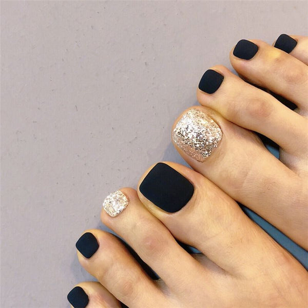 Black Matte Shining Silver Combination 24 Pcs Fake Toe Nails
