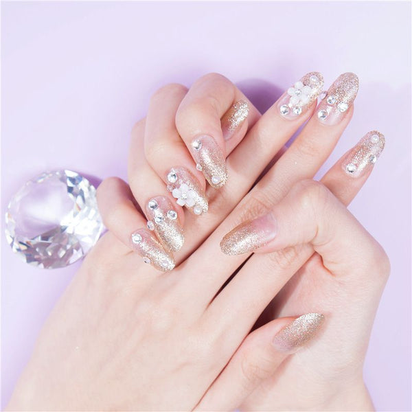 Fashion Champagne Flower Decor Design Crystal Wedding Fake Nails