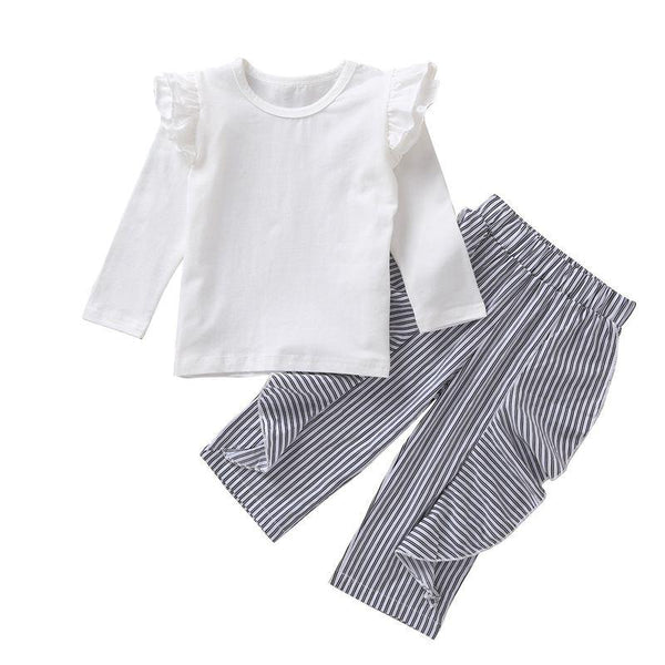 2 Pcs Set Baby Girl White T-shirt And Stripe Print Pant